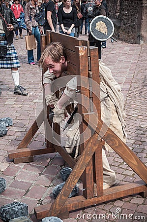 KAYSERSBERG - France - 29 April 2017 - prisoner man with medieval costume at the steam punk exhibition in Kaysersberg village Editorial Stock Photo