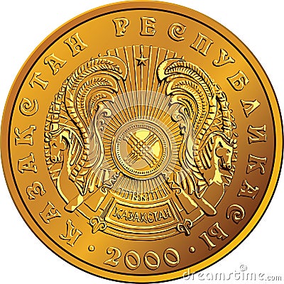 Kazakh money gold coin with the emblem Vector Illustration