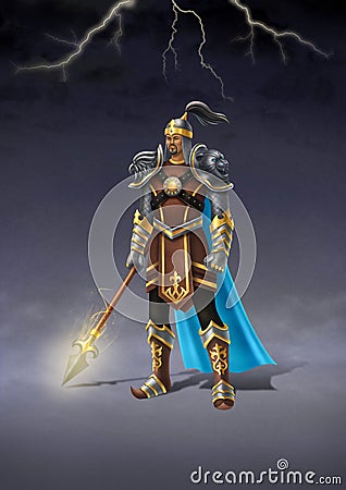 Kazakh mythical warrior Batyr in traditional costume and armour. Digital illustration Cartoon Illustration