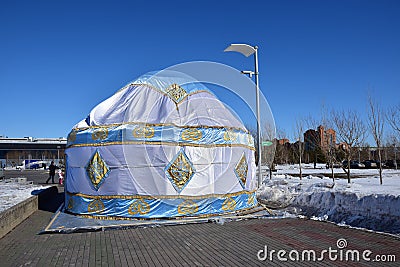 Kazakh yurt covered with white silk Editorial Stock Photo