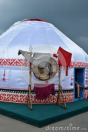Kazakh yurt covered with white silk Editorial Stock Photo