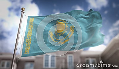 Kazakhstan Flag 3D Rendering on Blue Sky Building Background Stock Photo