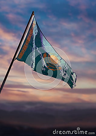 Kazakhstan flag, Kazakh flag waving on sky at dusk Stock Photo