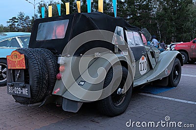 Kazakhstan, Kostanay, 2019-06-20, The 7th Peking to Paris Rally Motor Challenge. Retro car Morgan parked near the fence in the Editorial Stock Photo