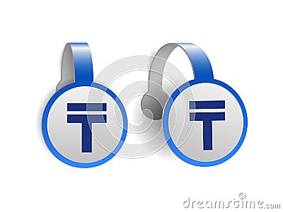 Kazakhstani tenge symbol on Blue advertising wobblers. Vector Illustration