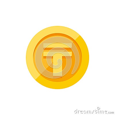 Kazakhstani tenge symbol on gold coin flat style Vector Illustration