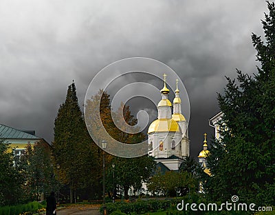 Kazan church in Diveevo under a stormy sky Stock Photo