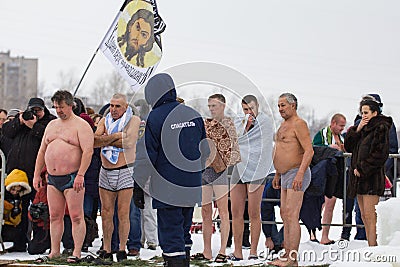 KAZAN, RUSSIA - JANUARY 19, 2017: Jesus Christ`s baptism holiday on kazanka river. Traditional winter bathing in center Editorial Stock Photo