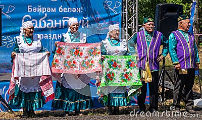 Kazan, Russia, June 26 2021. The Tatar ethnic holiday Sabantuy, end of field works. Traditional Tatar costume with Editorial Stock Photo