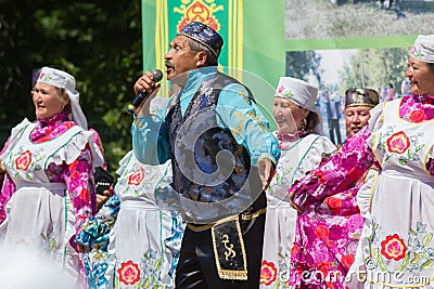 KAZAN, RUSSIA - JUNE 23, 2018: Traditional Tatar festival Sabantuy - Folk national tatar ensemble songs and dances on Editorial Stock Photo