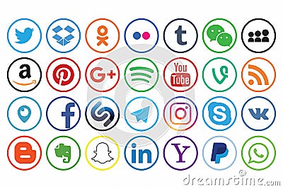 KAZAN, RUSSIA - October 26, 2017: Collection of popular social media logos printed on paper Editorial Stock Photo
