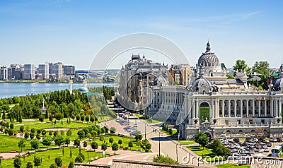 Kazan in summer, Tatarstan, Russia. Farmers Palace and green park Editorial Stock Photo