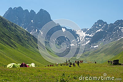 Juta valley near Caucasus mountain. a famous landscape in Kazbegi, Mtskheta-Mtianeti, Georgia Stock Photo