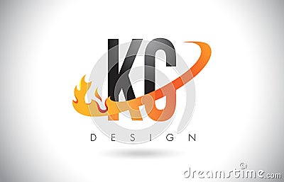 KC K C Letter Logo with Fire Flames Design and Orange Swoosh. Vector Illustration