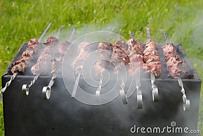 Kebabs cooking on brazier Stock Photo