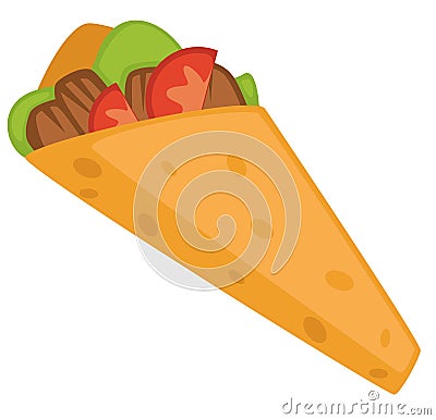 Kebab or burrito wrap with meat and tomatoes cuts Vector Illustration