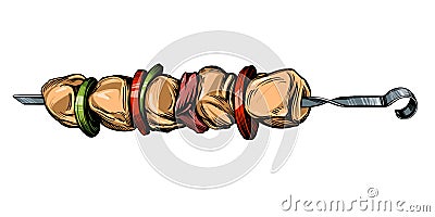 Kebab, shashlik, grilled on a skewer, food meat, hand drawn vector illustration realistic sketch Vector Illustration