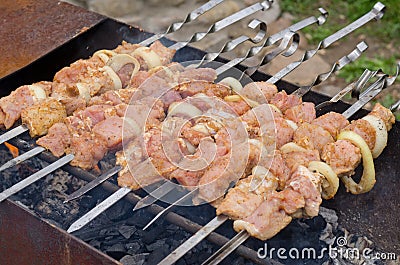 Kebabs cooking over a hot barbecue fire Stock Photo