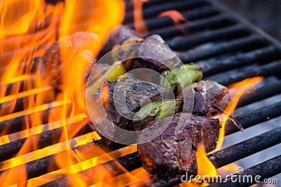 Kebabs on grill with flames Stock Photo