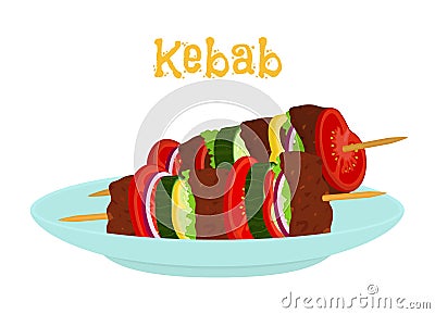 Kebabs on plate, roasted meat - lamb, pork. Cartoon flat style. Vector Illustration