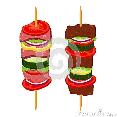 Kebabs on skewers, roasted meat - lamb, pork. Cartoon flat style. Vector Illustration