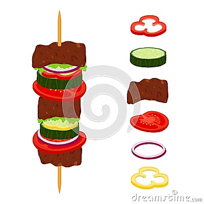Kebabs on skewers, roasted meat - lamb, pork. Cartoon flat style. Vector Illustration