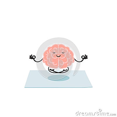 Keep calm concept.Meditating cartoon brain in lotus position. Clip art illustration isolated on white background.Flat Vector Illustration