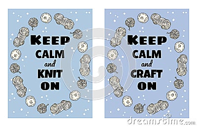 Keep calm and craft on set of postcards. Cotton yarn and candles handicraft comic style doodle banners. Handmade vector Vector Illustration