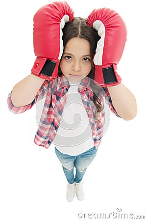 Keep calm and get rid of headache. Beat headache. Girl boxing gloves ready fight. Kid strong girl suffer pain. Child Stock Photo