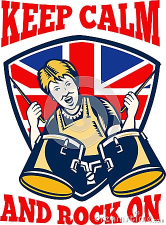 Keep Calm Rock On British Flag Queen Granny Drums Vector Illustration