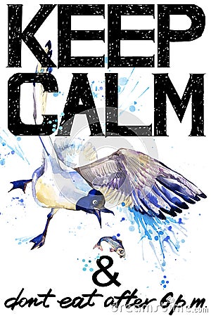 Keep Calm. Seagull watercolorr illustration. Cartoon Illustration