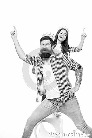 Keep celebrating. Happy family enjoy celebrating isolated on white. Little child and bearded man wear crowns Stock Photo