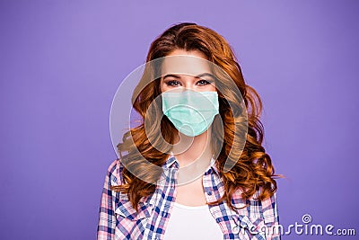 Keep meter distance. Photo of pretty lady with amazing wavy hairstyle charming wear checkered casual shirt protective Stock Photo