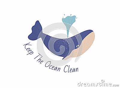 Keep the ocean clean concept. Cute wild mammal character of great whale in ocean Vector Illustration