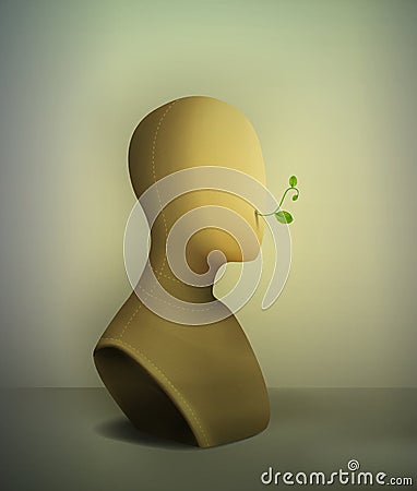 Keep quiet no words concept, realistic vintage mannequin with plant pierce from the inside, Vector Illustration