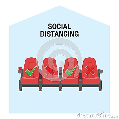 Keep a safe distance when sitting in a movie theater. Simple vector icon over white background. Illustration Vector Illustration