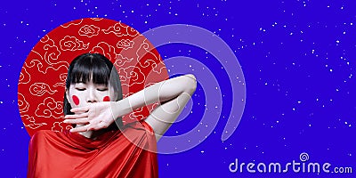 Art collage with tender, sad young japanese girl isolated on blue and red background. Japanese style, contemporary Stock Photo