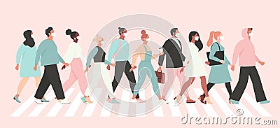 Keep social distance coronavirus, people in white medical face mask walking down the street. Concept of quarantine Vector Illustration