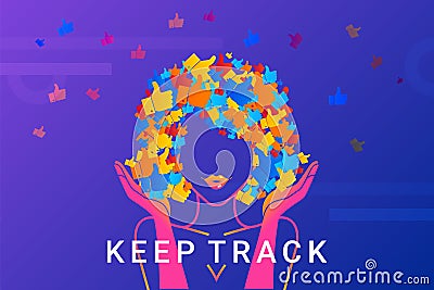 Keep track concept illustration of networks addicted young woman Vector Illustration