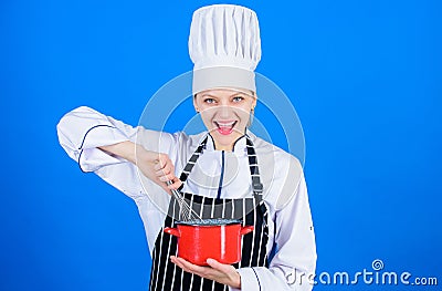 Keep whisking. Happy woman cook whisking by hand. Professional baker making cake by whisking method. Whisking utensil Stock Photo