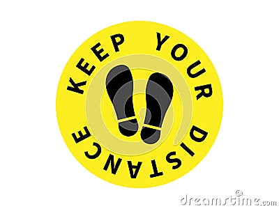 Keep your distance icon. Yellow circle with black sole prints and social spacing warning coronavirus pandemic prevention with Stock Photo