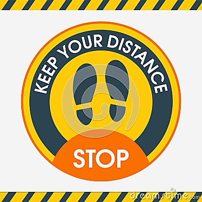 Keep Your Distance. Yellow round floor marking shoe prints social distancing Instruction Icon. Vector Illustration