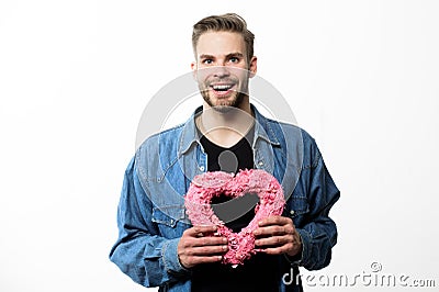 Keeping love in his heart. Romantic greeting. Valentines day sales. Love and romance. Happy man with decorative heart Stock Photo