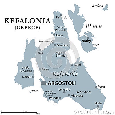 Kefalonia, Ionian Island in western Greece, gray political map Vector Illustration