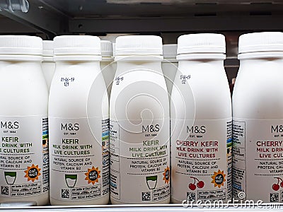 SHEFFIELD, UK - 31ST MAY 2019: Bottles of healthy drinks on sale in Marks and Spencers in Meadowhall, UK Editorial Stock Photo