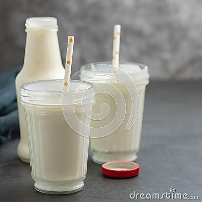Kefir drink on the gray background Stock Photo