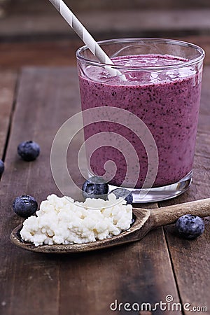 Kefir Grains and Blueberry Kefir Smoothie Stock Photo