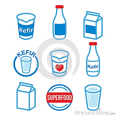 Kefir or kephir, fermented milk product, superfood vector icons set - color Vector Illustration