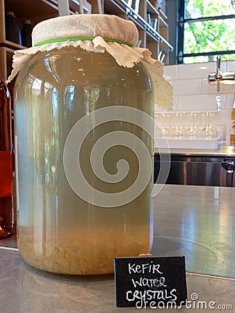 Kefir water crystals fermenting in a large covered jar Stock Photo