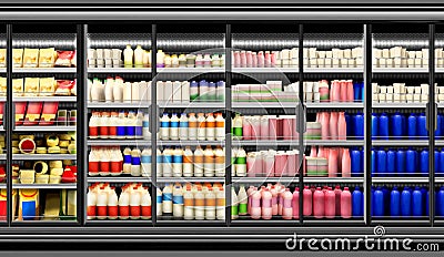 Kefir and yoghurt product in Glass door fridge Stock Photo